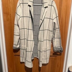 LOFT Knit Blazer Cardigan Windowpane Plaid Neutral Longline size Medium